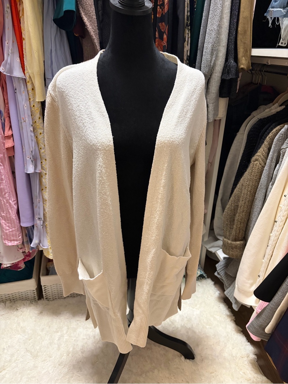 LOFT Women's Two tone Open-Front Cream and brown Cardigan Sweater
